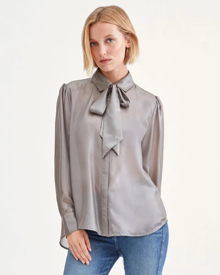 Tops Women 7 For All Mankind Neck Tie Blouse In Silver