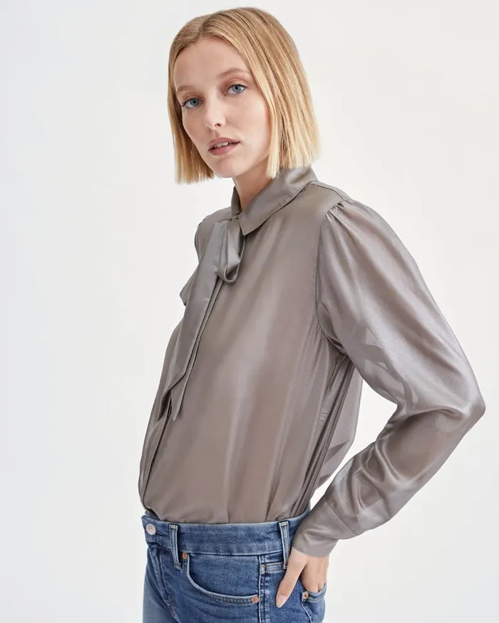 Tops Women 7 For All Mankind Neck Tie Blouse In Silver