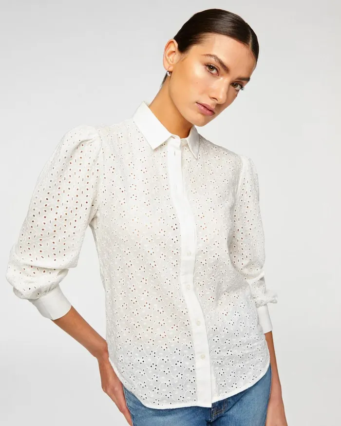 Tops Women 7 For All Mankind Puff Sleeve Eyelet Shirt In White