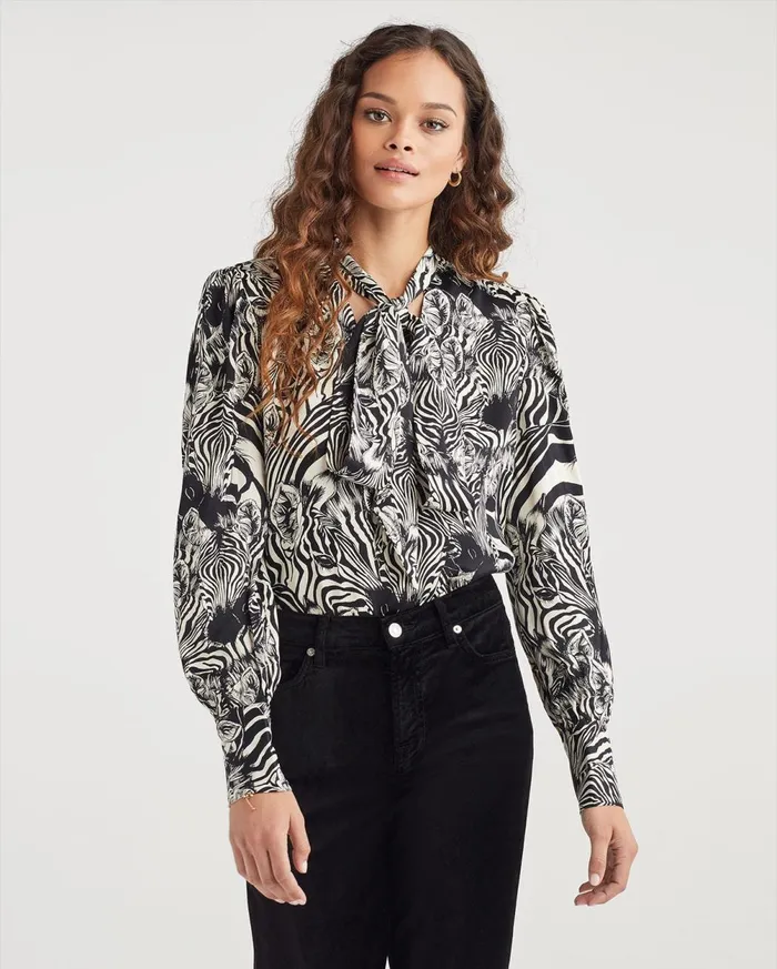 Tops Women 7 For All Mankind Satin VNeck Tie Top In Zebra