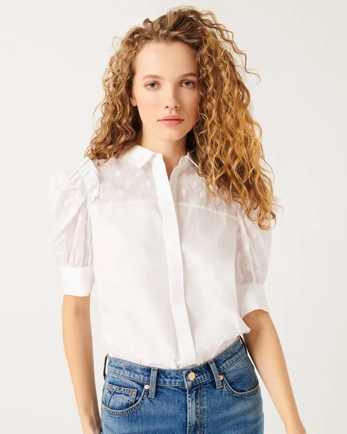 Tops Women 7 For All Mankind Sheer Yoke Sleeve Blouse In Optic White