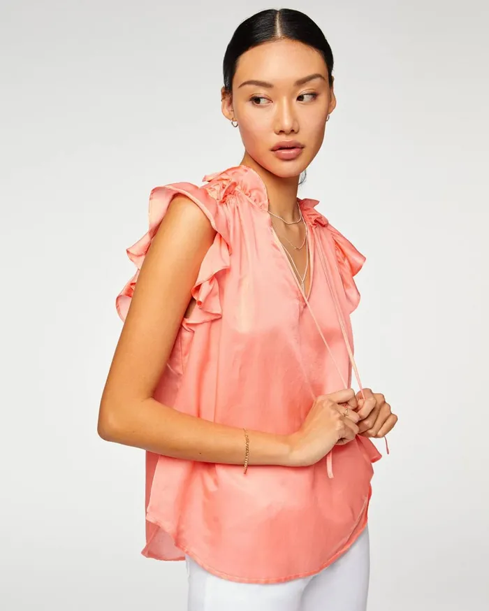 Tops Women 7 For All Mankind Shirred Ruffle Flutter Sleeve Top In Dusty Peach