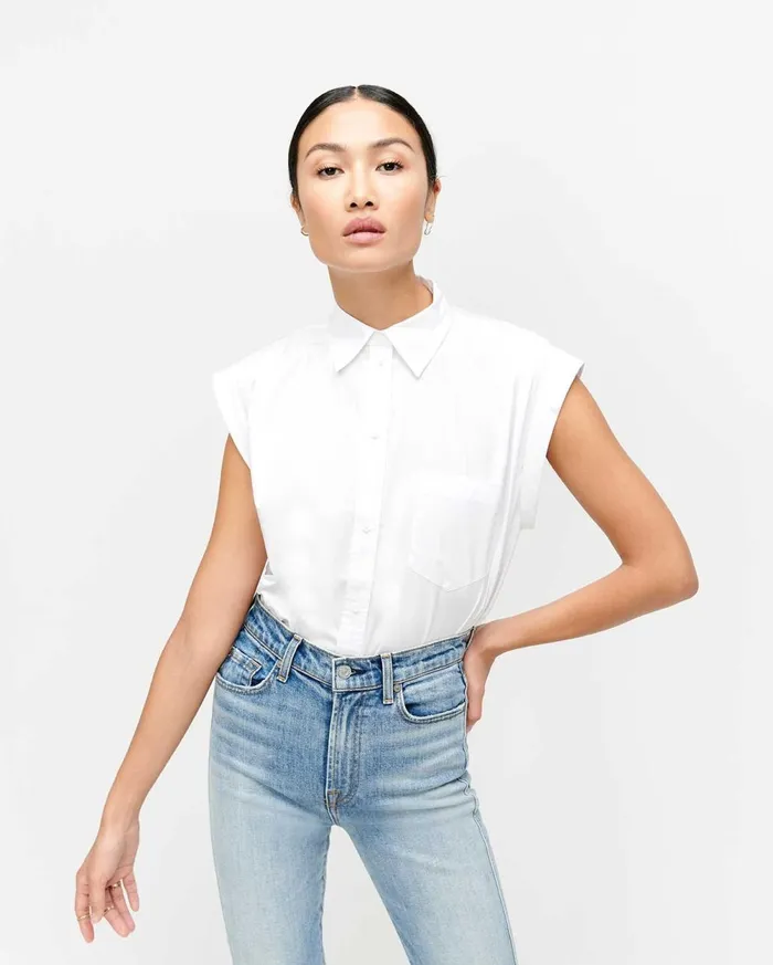 Tops Women 7 For All Mankind Sleeveless Cuffed ButtonUp Shirt In Optic White