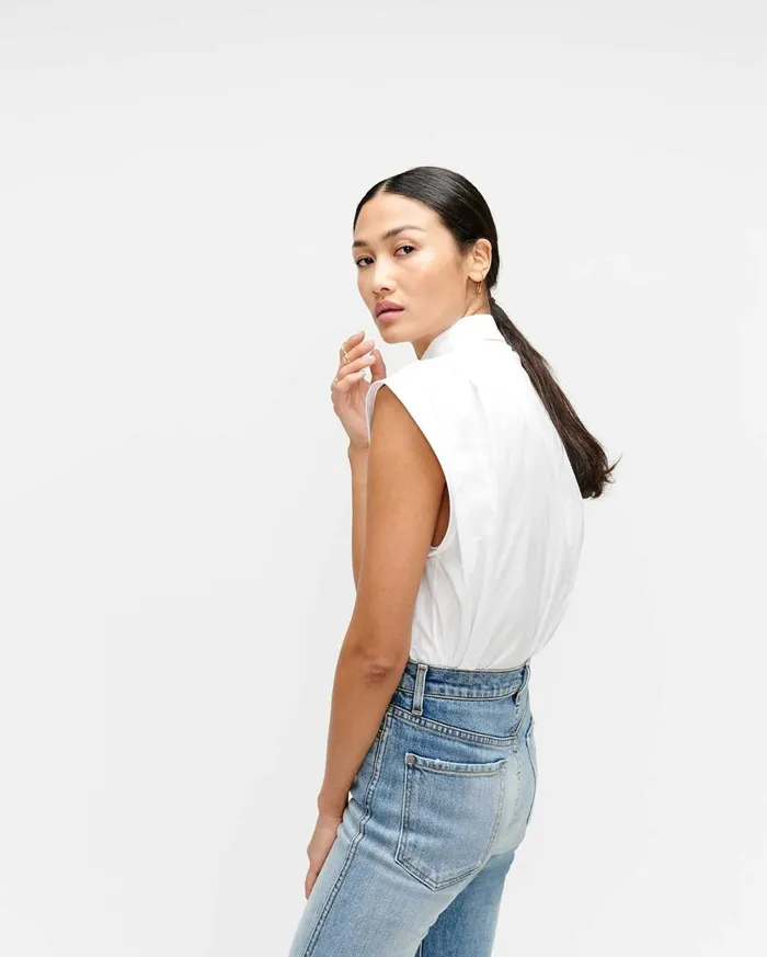 Tops Women 7 For All Mankind Sleeveless Cuffed ButtonUp Shirt In Optic White