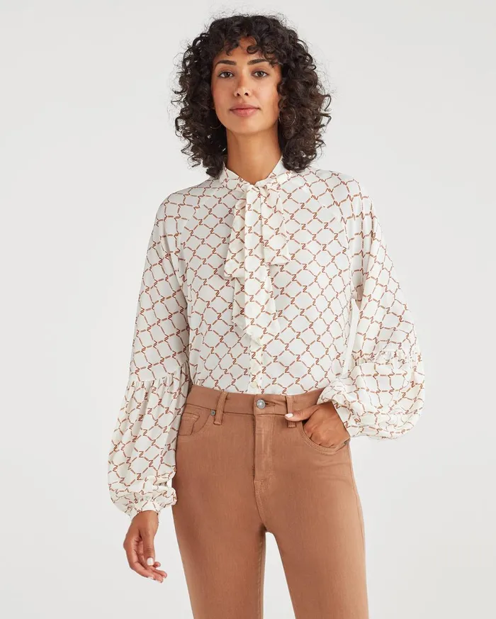 Tops Women 7 For All Mankind Tie Neck Blouse In Soft White Status Chain Print Tops Women 7 For All Mankind Tie Neck Blouse In Soft White Status Chain Print