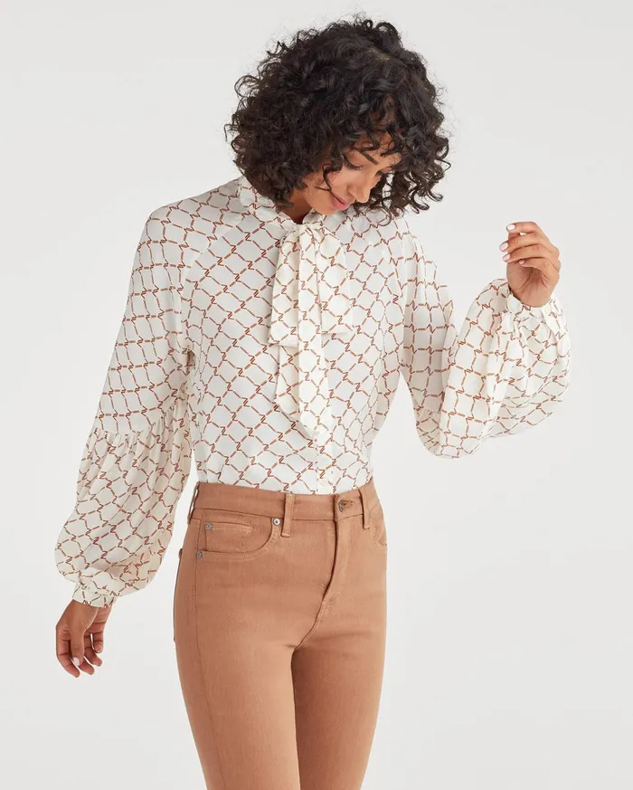 Tops Women 7 For All Mankind Tie Neck Blouse In Soft White Status Chain Print