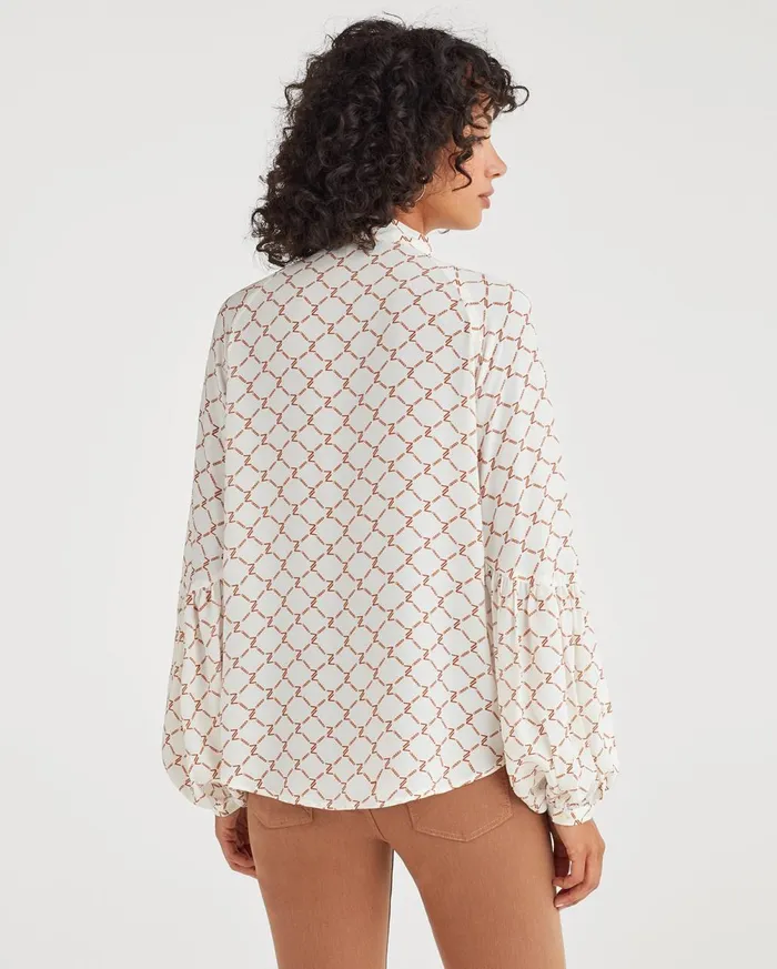 Tops Women 7 For All Mankind Tie Neck Blouse In Soft White Status Chain Print
