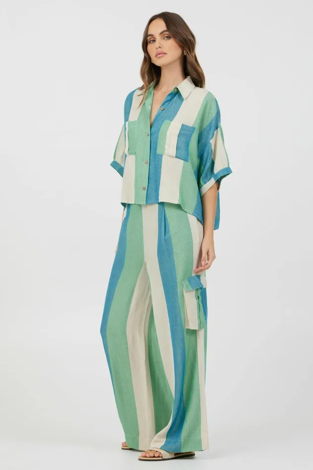 Vintage Havana All Bottoms Women Teal Green and Metallic Stripe Lightweight Pants Teal Green