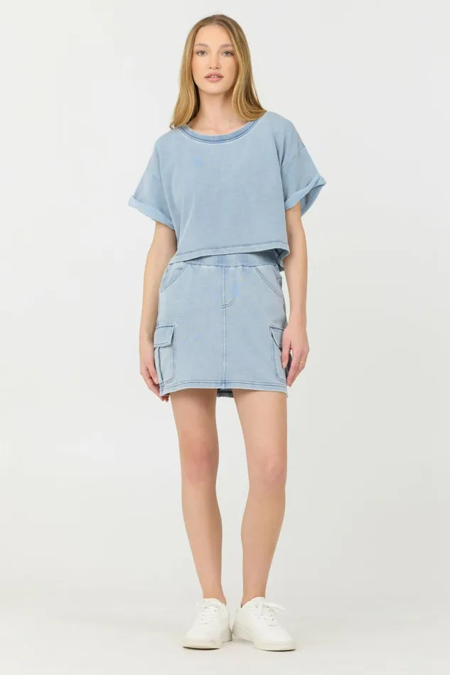 Vintage Havana All Bottoms Women Washed Denim Terry Fleece Cargo Skirt Washed Denim