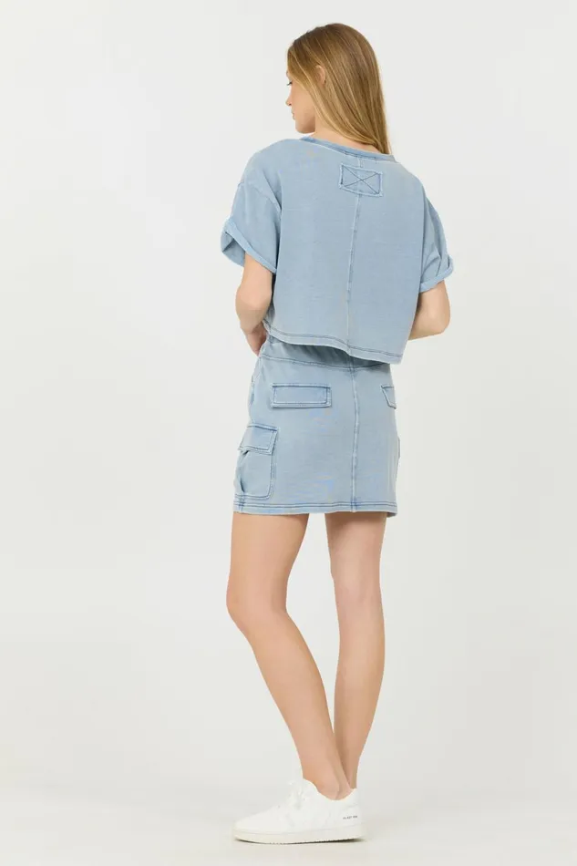 Vintage Havana All Bottoms Women Washed Denim Terry Fleece Cargo Skirt Washed Denim