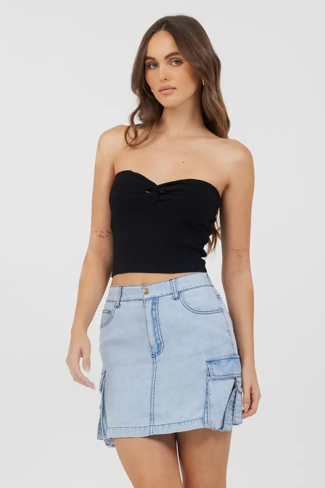 Vintage Havana Casual Tops Women Black Rib Knit Twist Front Tube Top Black