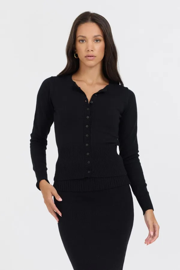 Vintage Havana Casual Tops Women Black Slim Fit Knit Button Down Black