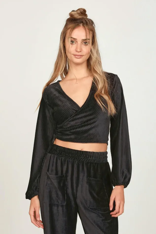 Vintage Havana Casual Tops Women Black Velour Surplice Top Black