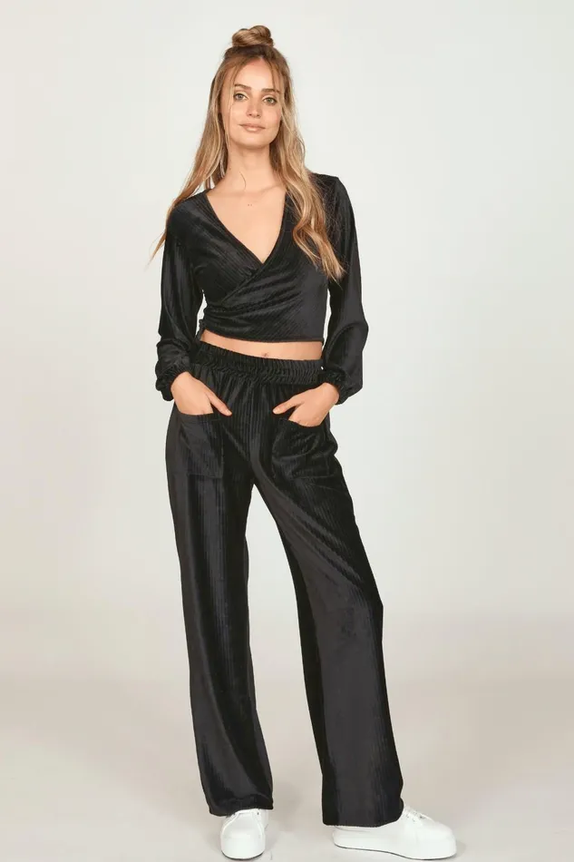 Vintage Havana Casual Tops Women Black Velour Surplice Top Black
