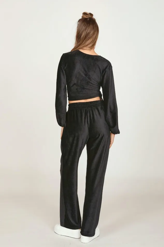 Vintage Havana Casual Tops Women Black Velour Surplice Top Black