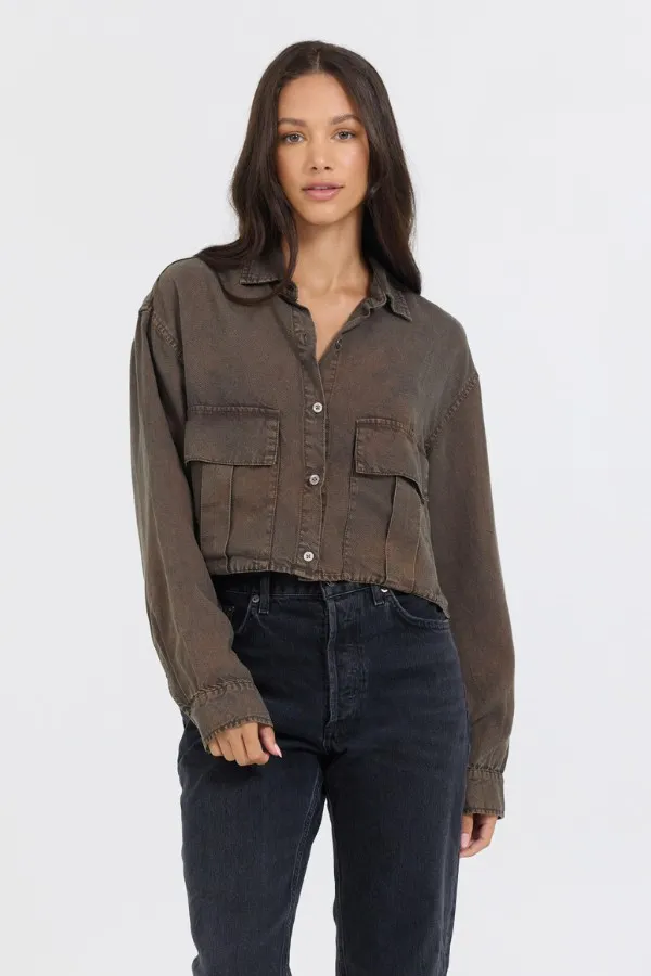 Vintage Havana Casual Tops Women Brown Cropped Pocket Detail Shirt Brown