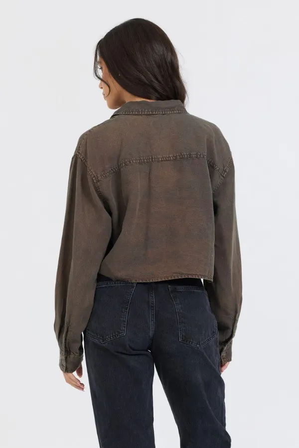 Vintage Havana Casual Tops Women Brown Cropped Pocket Detail Shirt Brown