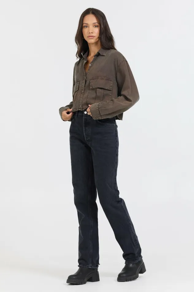 Vintage Havana Casual Tops Women Brown Cropped Pocket Detail Shirt Brown