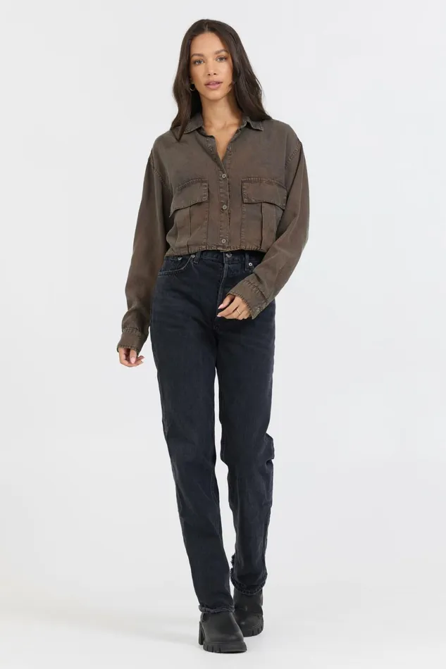 Vintage Havana Casual Tops Women Brown Cropped Pocket Detail Shirt Brown