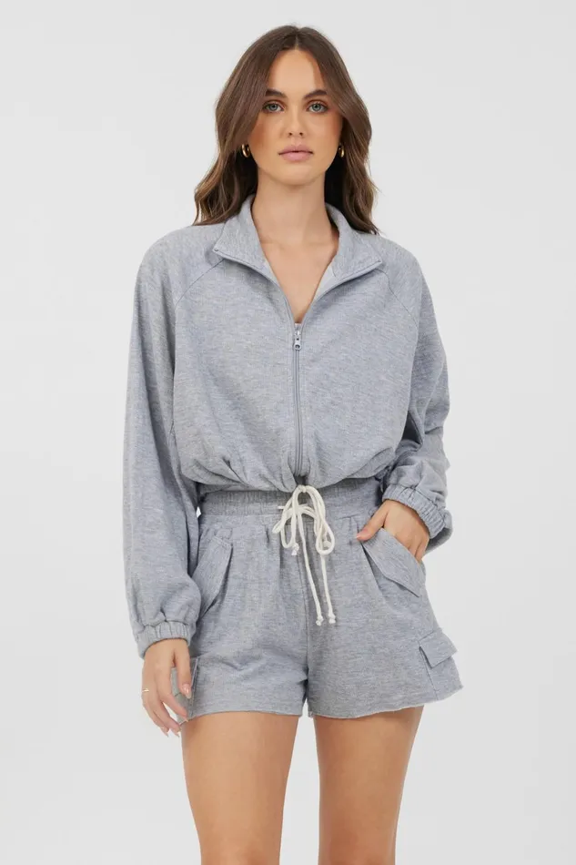 Vintage Havana Casual Tops Women Heather Grey Bounded Textured Jersey Zip Up W Tie Heather Grey