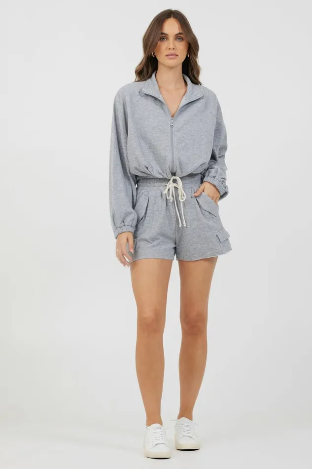 Vintage Havana Casual Tops Women Heather Grey Bounded Textured Jersey Zip Up W Tie Heather Grey