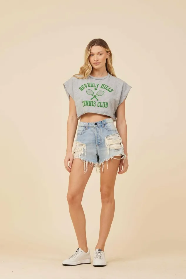 Vintage Havana Casual Tops Women Heather Grey W Green Printed Athletic Crop Top Heather Grey