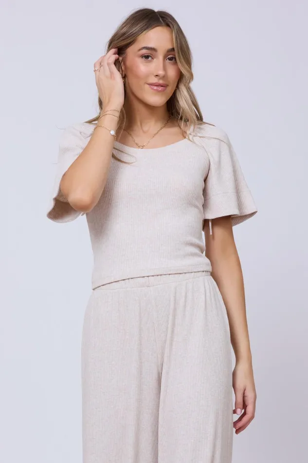 Vintage Havana Casual Tops Women Heather Oatmeal Drapey Knit Puff Sleeve Top Heather Oatmeal