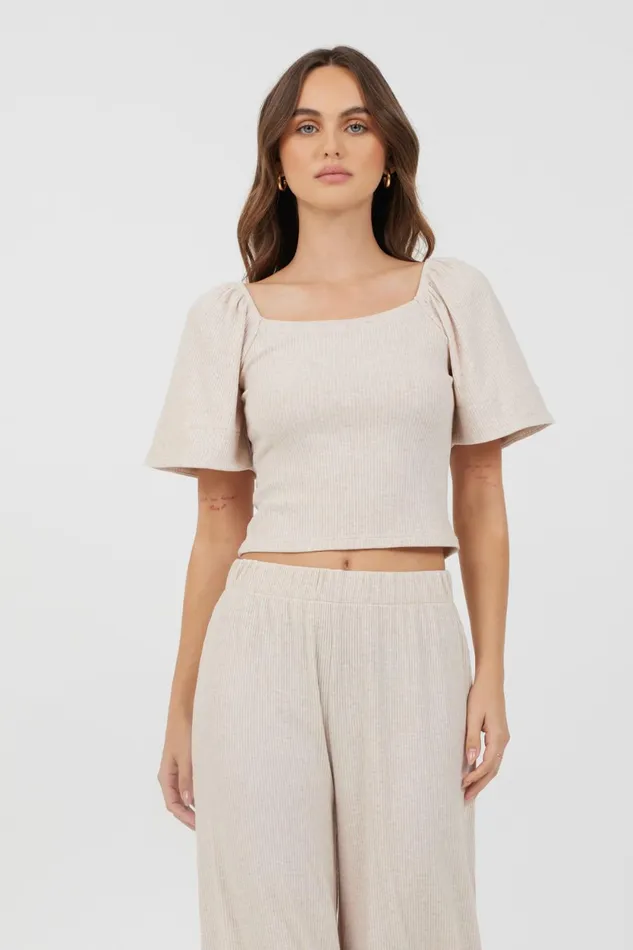 Vintage Havana Casual Tops Women Heather Oatmeal Drapey Knit Puff Sleeve Top Heather Oatmeal