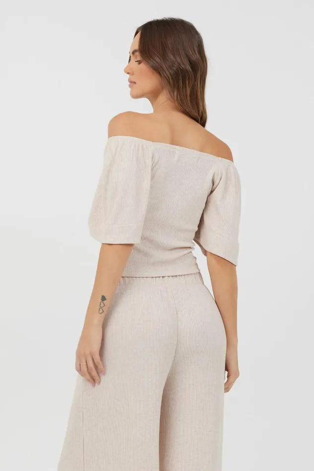 Vintage Havana Casual Tops Women Heather Oatmeal Drapey Knit Puff Sleeve Top Heather Oatmeal