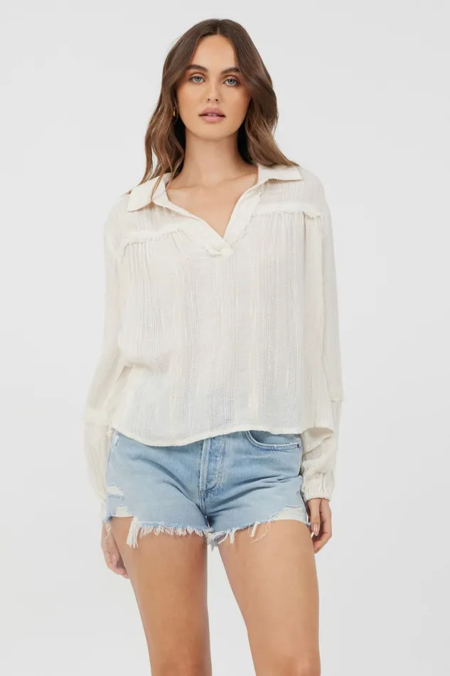 Vintage Havana Casual Tops Women Ivory Multi Texture Polo Blouse Ivory