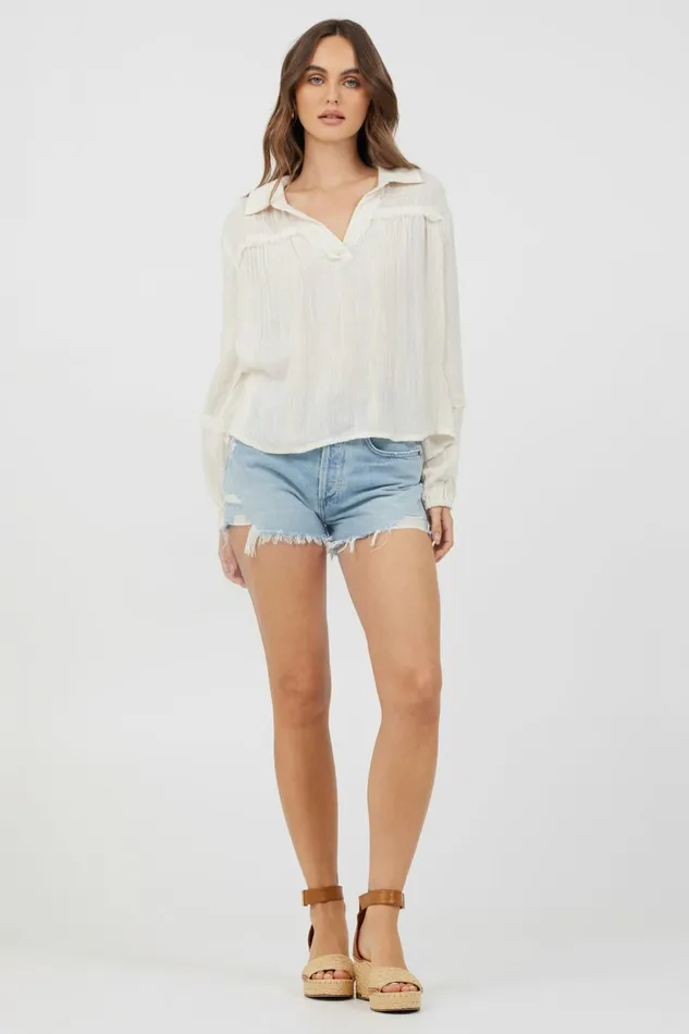 Vintage Havana Casual Tops Women Ivory Multi Texture Polo Blouse Ivory