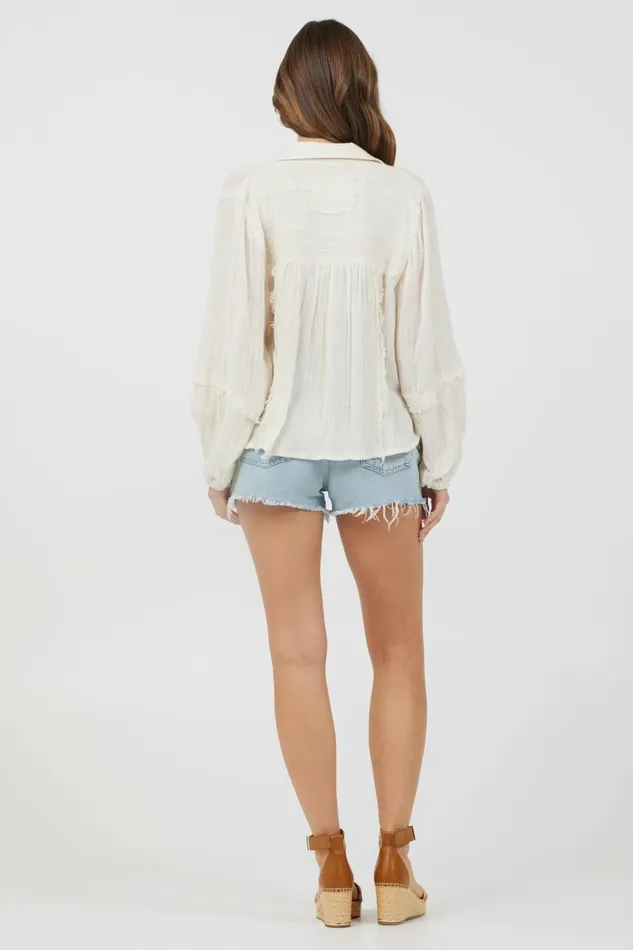 Vintage Havana Casual Tops Women Ivory Multi Texture Polo Blouse Ivory