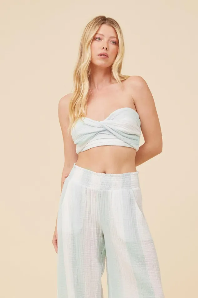 Vintage Havana Casual Tops Women Mint and White Cabana Stripe Gauze Bandeau Crop Top Mint White Vintage Havana Casual Tops Women Mint and White Cabana Stripe Gauze Bandeau Crop Top Mint White