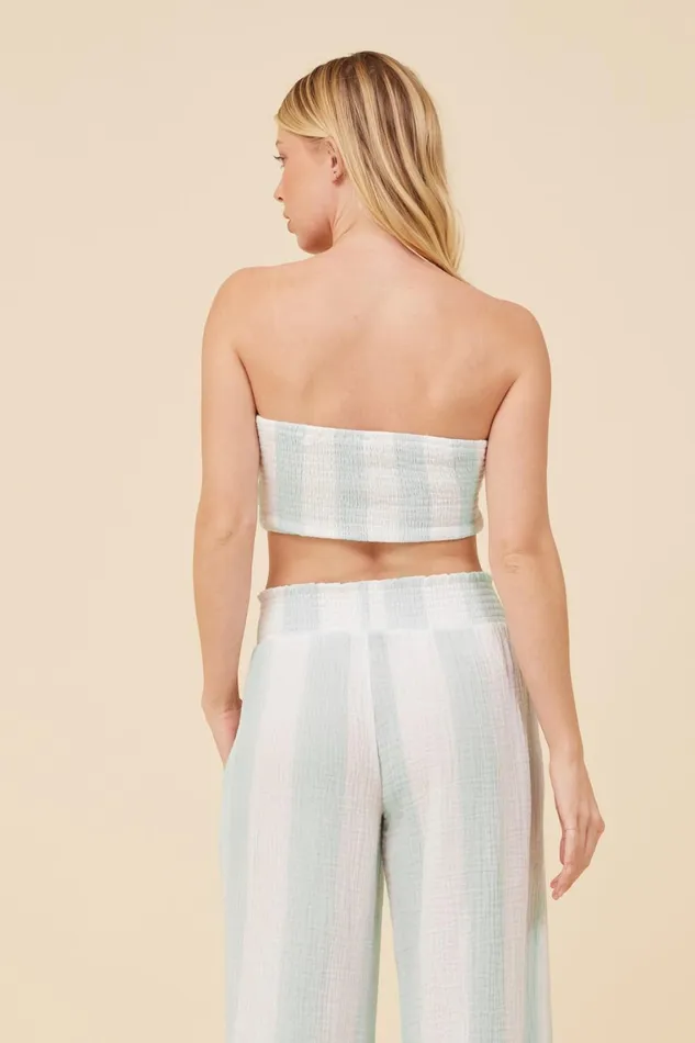 Vintage Havana Casual Tops Women Mint and White Cabana Stripe Gauze Bandeau Crop Top Mint White