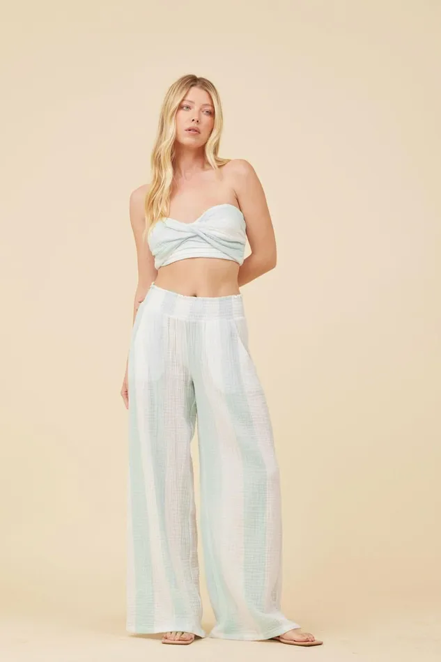 Vintage Havana Casual Tops Women Mint and White Cabana Stripe Gauze Bandeau Crop Top Mint White
