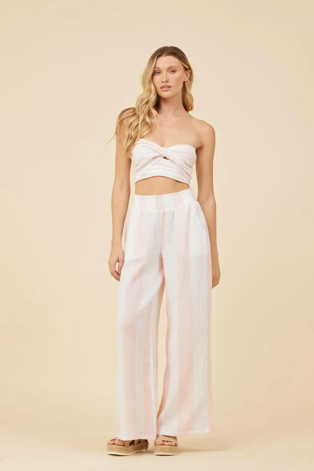 Vintage Havana Casual Tops Women Pink and White Cabana Stripe Gauze Bandeau Crop Top Pink White