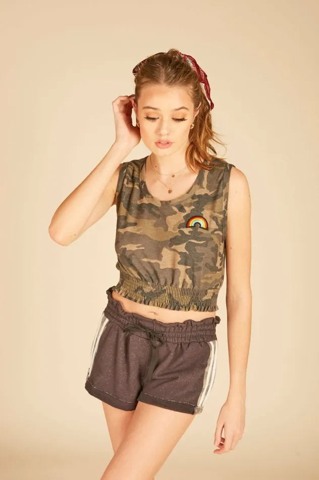 Vintage Havana Casual Tops Women quotRainbowquot Patch Smocked Crop Tank Olive Camo