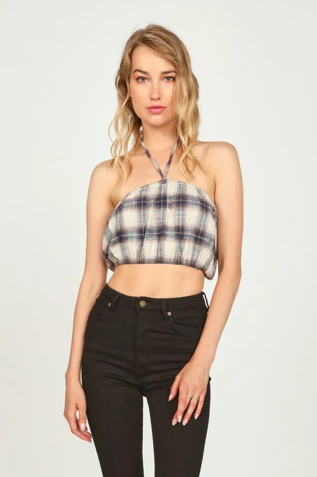 Vintage Havana Casual Tops Women SandNavy Plaid Flannel Halter Bandeau Sandnavy