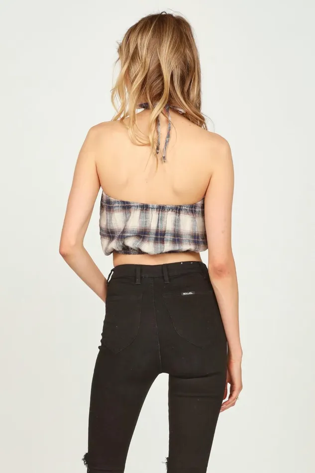 Vintage Havana Casual Tops Women SandNavy Plaid Flannel Halter Bandeau Sandnavy