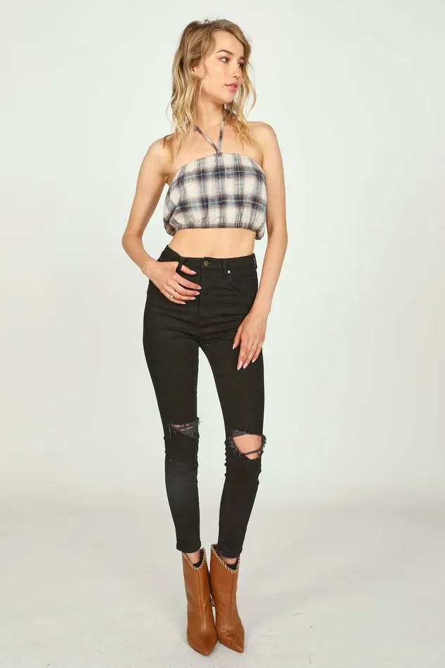 Vintage Havana Casual Tops Women SandNavy Plaid Flannel Halter Bandeau Sandnavy