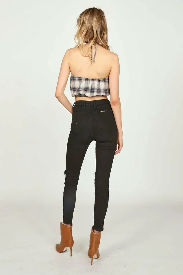 Vintage Havana Casual Tops Women SandNavy Plaid Flannel Halter Bandeau Sandnavy