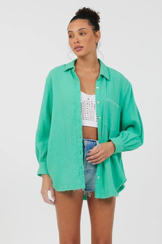 Vintage Havana Casual Tops Women Super Green Soft Ivory Embroidery Detail Gauze Shirting Super Green Vintage Havana Casual Tops Women Super Green Soft Ivory Embroidery Detail Gauze Shirting Super Green