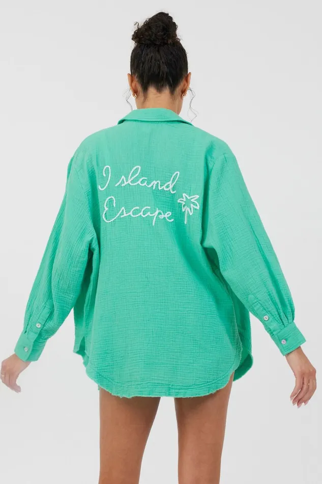 Vintage Havana Casual Tops Women Super Green Soft Ivory Embroidery Detail Gauze Shirting Super Green