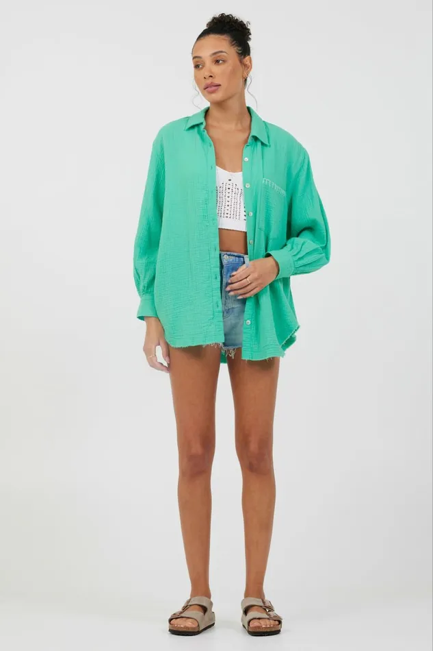 Vintage Havana Casual Tops Women Super Green Soft Ivory Embroidery Detail Gauze Shirting Super Green