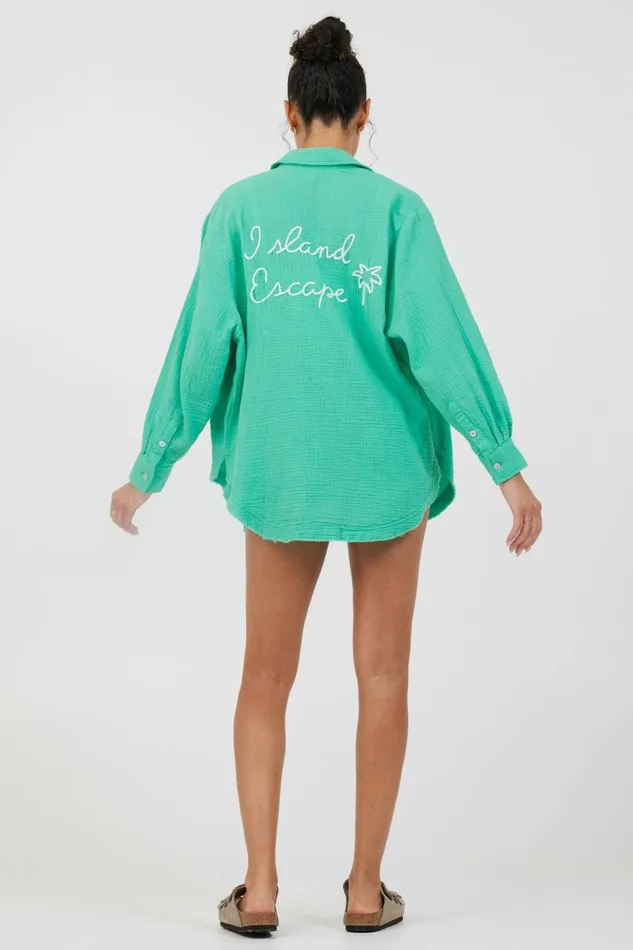Vintage Havana Casual Tops Women Super Green Soft Ivory Embroidery Detail Gauze Shirting Super Green