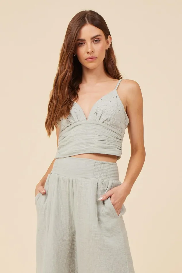 Vintage Havana Casual Tops Women Washed Sage Gauze Eyelet Embroidered Cropped Tank Washed Sage Vintage Havana Casual Tops Women Washed Sage Gauze Eyelet Embroidered Cropped Tank Washed Sage