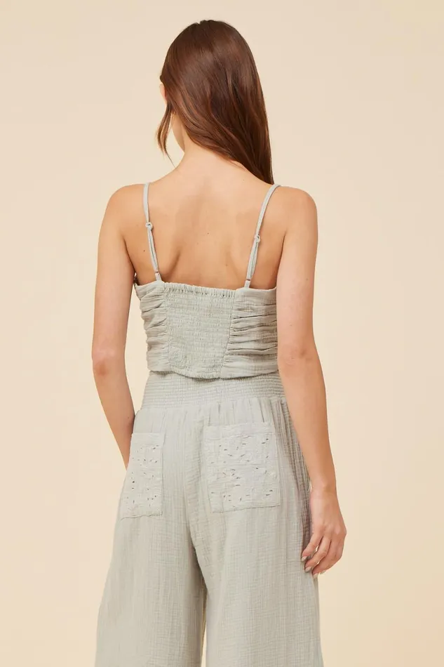 Vintage Havana Casual Tops Women Washed Sage Gauze Eyelet Embroidered Cropped Tank Washed Sage