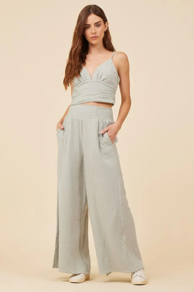 Vintage Havana Casual Tops Women Washed Sage Gauze Eyelet Embroidered Cropped Tank Washed Sage