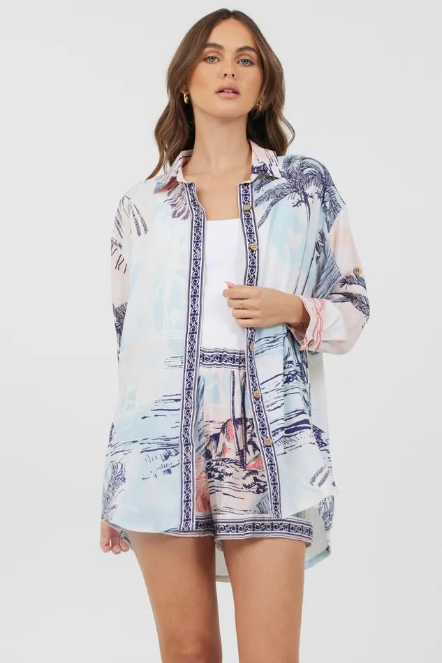 Vintage Havana Dresses Women Blue and Pink Scenic Print Placement Shirt Dress Blue