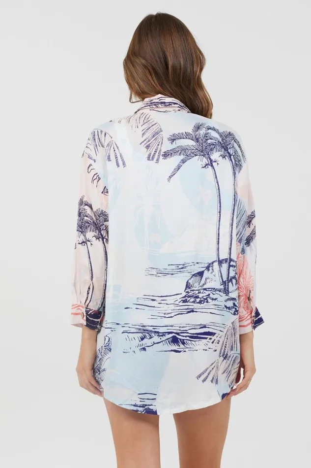 Vintage Havana Dresses Women Blue and Pink Scenic Print Placement Shirt Dress Blue